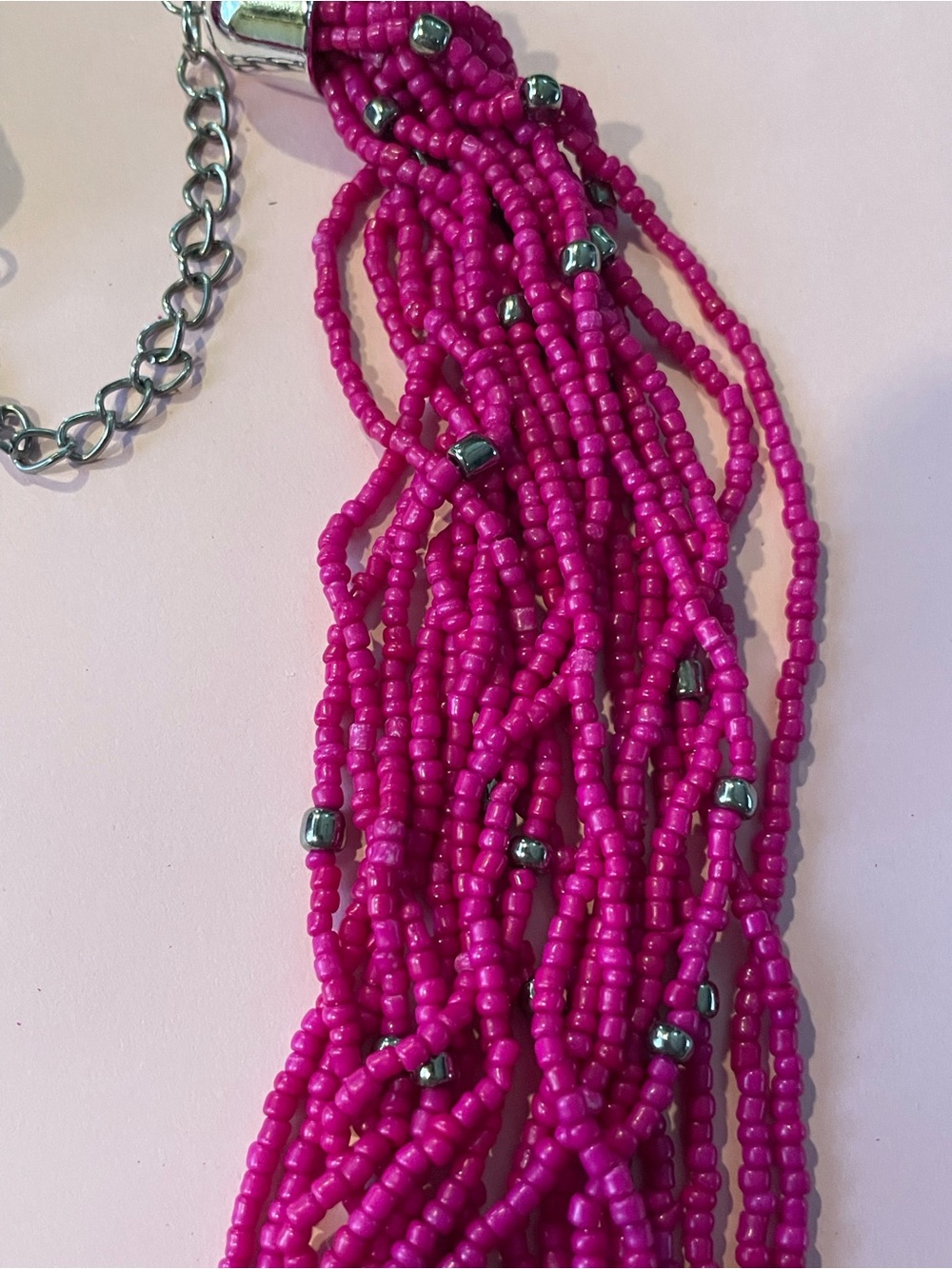 Hot Pink Seed Bead Silver Tone Spacer & Chain Necklace #7135 - Picture 3 of 7